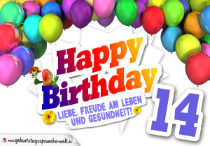 Bunte Geburtstagskarte mit Ballons zum 14. Geburtstag