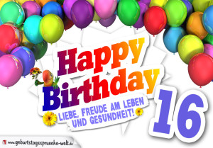Bunte Geburtstagskarte mit Ballons zum 16. Geburtstag