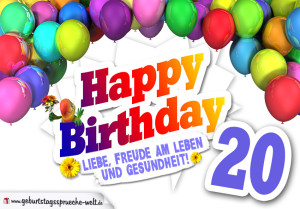 Bunte Geburtstagskarte mit Ballons zum 20. Geburtstag