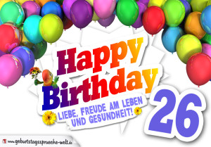 Bunte Geburtstagskarte mit Ballons zum 26. Geburtstag