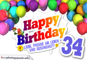 Bunte Geburtstagskarte mit Ballons zum 34. Geburtstag