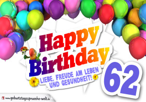 Bunte Geburtstagskarte mit Ballons zum 62. Geburtstag