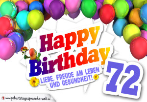 Bunte Geburtstagskarte mit Ballons zum 72. Geburtstag