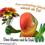 Geburtstagsspruch mit cartoon Papagei mit bunten Blumenstrauß