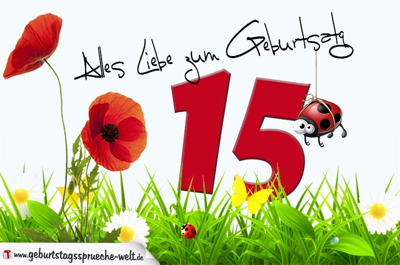 Geburtstagskarte mit Blumenwiese zum 15. Geburtstag