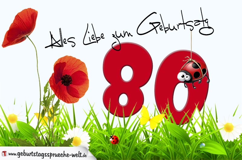 Geburtstagskarte mit Blumenwiese zum 80. Geburtstag ...