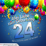 Geburtstagskarte mit bunten Ballons, Konfetti und Luftschlangen zum 24. Geburtstag