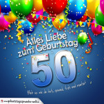 Geburtstagskarte mit bunten Ballons, Konfetti und Luftschlangen zum 50. Geburtstag