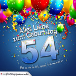 Geburtstagskarte mit bunten Ballons, Konfetti und Luftschlangen zum 54. Geburtstag