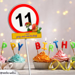 11. Geburtstag Geburtstagswünsche mit Schild und Alter auf Karte