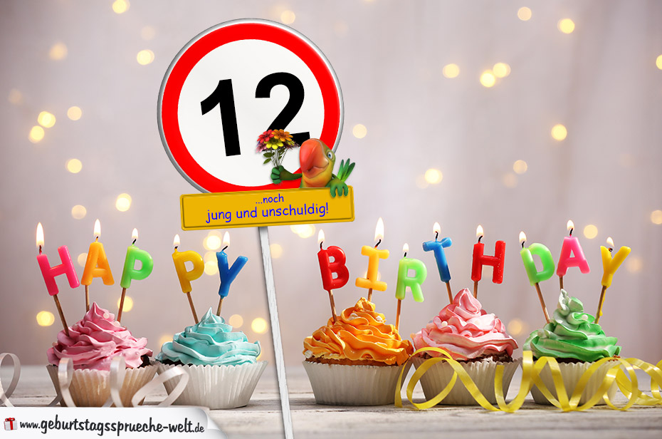 12. Geburtstag Geburtstagswünsche mit Schild und Alter auf Karte GeburtstagssprücheWelt
