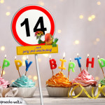 14. Geburtstag Geburtstagswünsche mit Schild und Alter auf Karte