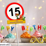15. Geburtstag Geburtstagswünsche mit Schild und Alter auf Karte