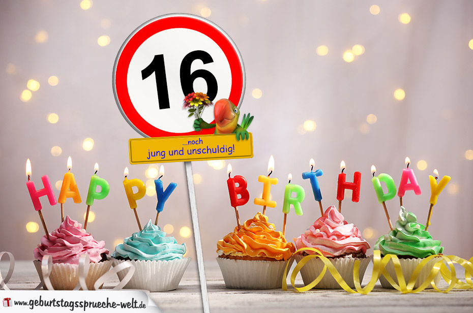 16. Geburtstag Geburtstagswünsche mit Schild und Alter auf Karte GeburtstagssprücheWelt