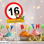 16. Geburtstag Geburtstagswünsche mit Schild und Alter auf Karte