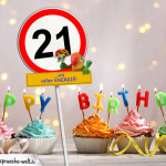 21. Geburtstag Geburtstagswünsche mit Schild und Alter auf Karte