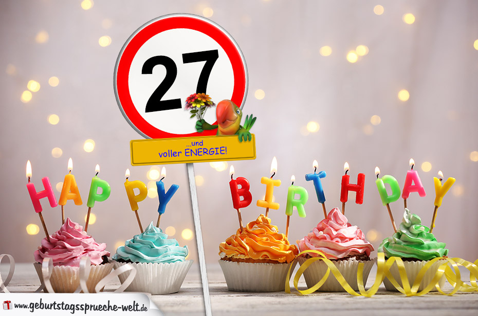 27. Geburtstag Geburtstagswünsche mit Schild und Alter auf Karte