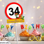 34. Geburtstag Geburtstagswünsche mit Schild und Alter auf Karte