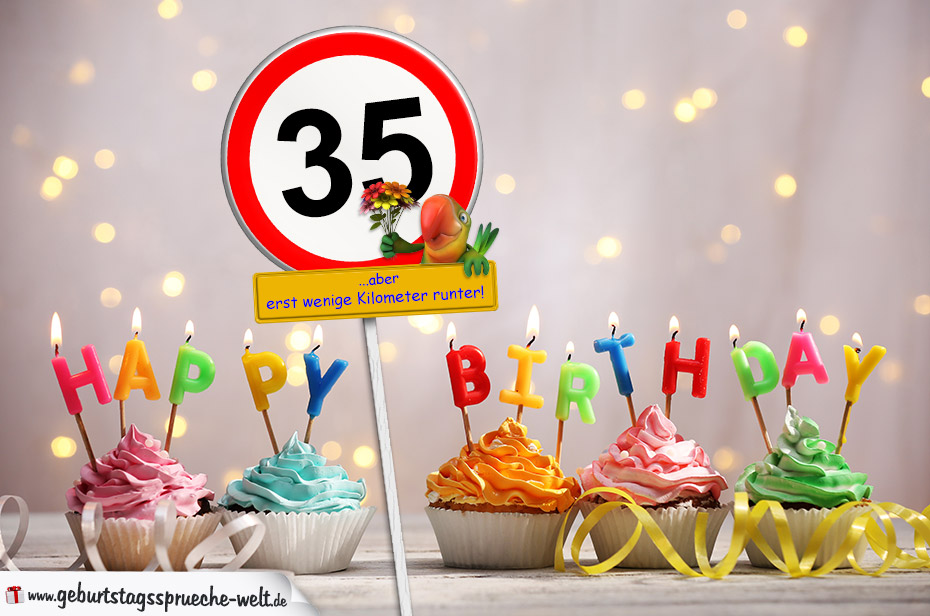 35. Geburtstag Geburtstagswünsche mit Schild und Alter auf Karte GeburtstagssprücheWelt