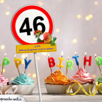46. Geburtstag Geburtstagswünsche mit Schild und Alter auf Karte