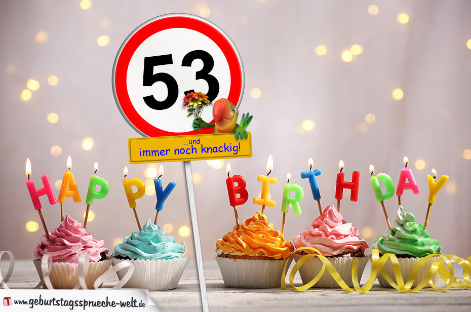 53. Geburtstag Geburtstagswünsche mit Schild und Alter auf Karte GeburtstagssprücheWelt