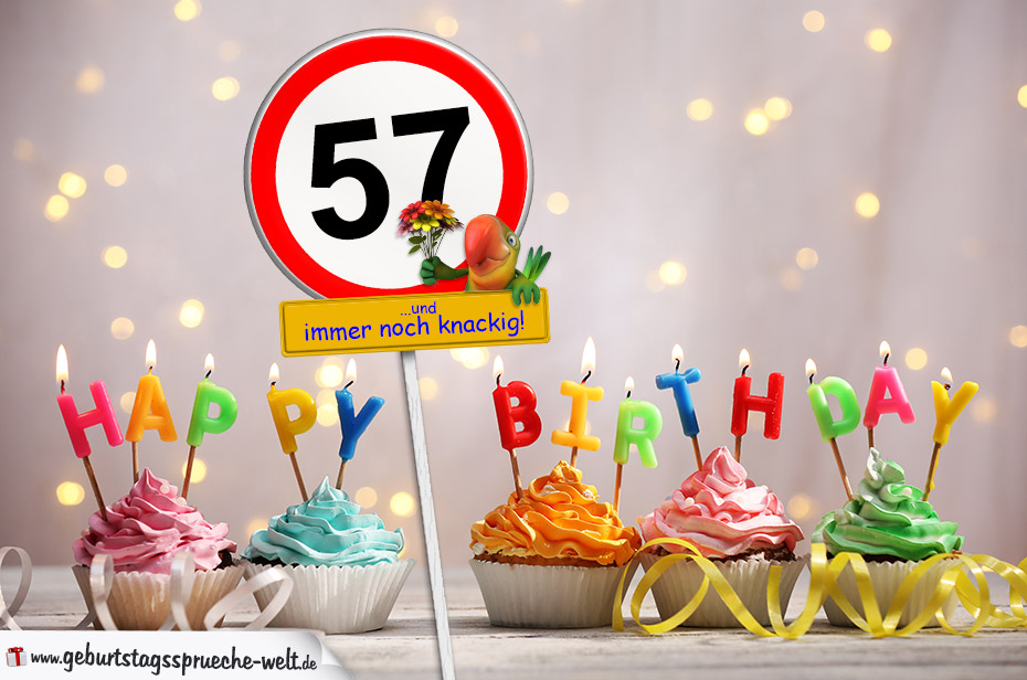 57. Geburtstag Geburtstagswünsche mit Schild und Alter auf Karte GeburtstagssprücheWelt
