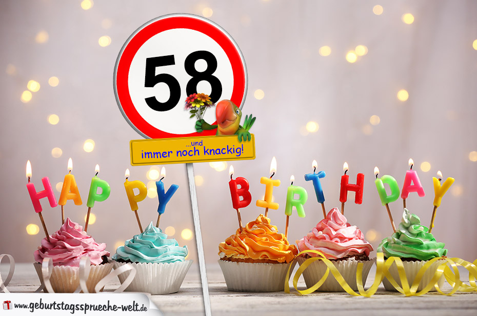 58. Geburtstag Geburtstagswünsche mit Schild und Alter auf Karte GeburtstagssprücheWelt