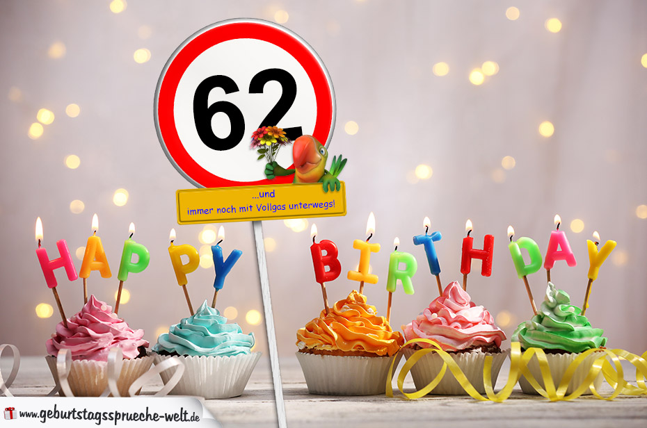 62. Geburtstag Geburtstagswünsche mit Schild und Alter auf Karte