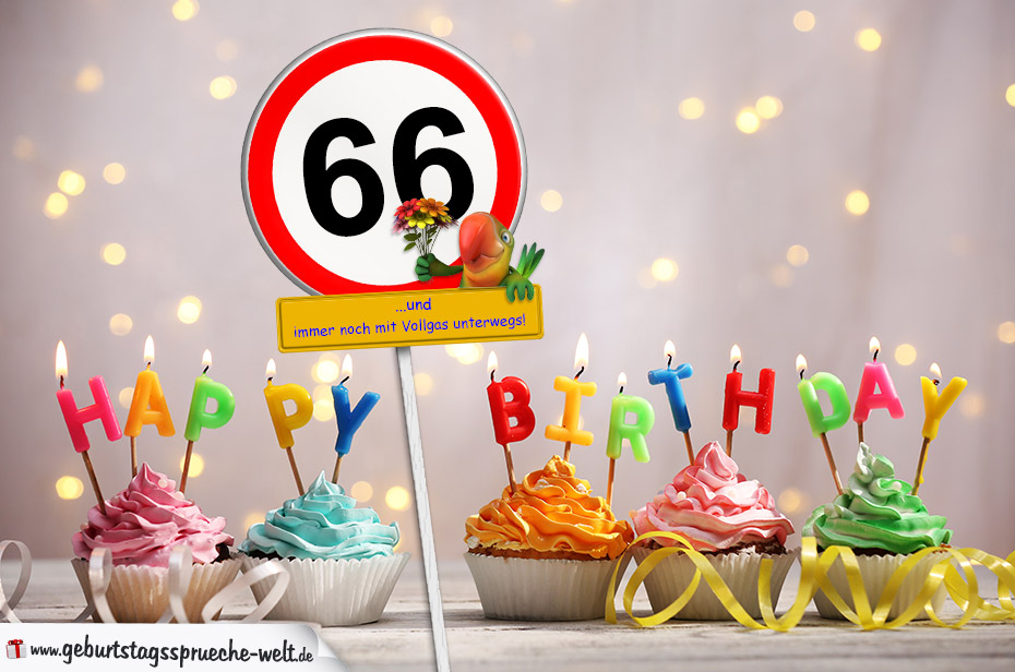 66. Geburtstag Geburtstagswünsche mit Schild und Alter auf Karte - Geburtstagssprüche-Welt