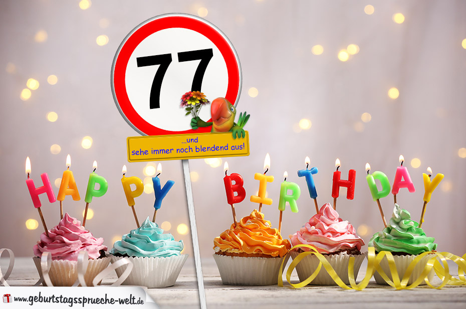 77. Geburtstag Geburtstagswünsche mit Schild und Alter auf Karte GeburtstagssprücheWelt