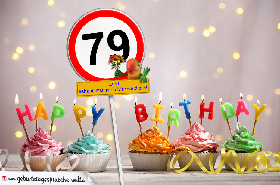 79. Geburtstag Geburtstagswünsche mit Schild und Alter auf Karte