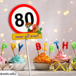 80. Geburtstag Geburtstagswünsche mit Schild und Alter auf Karte