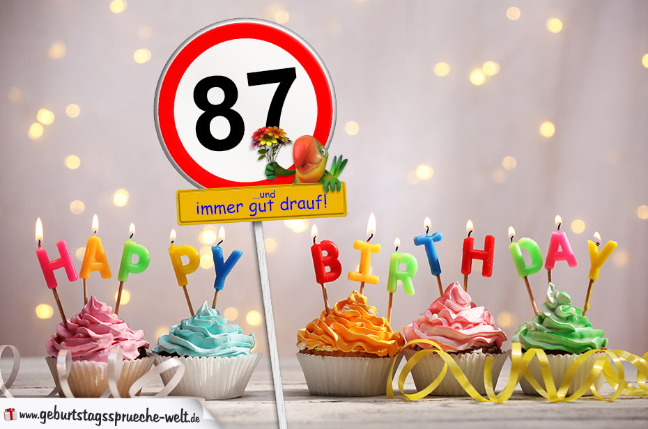 87. Geburtstag Geburtstagswünsche mit Schild und Alter auf Karte - Geburtstagssprüche-Welt