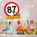 87. Geburtstag Geburtstagswünsche mit Schild und Alter auf Karte
