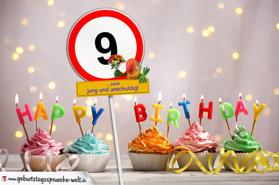9. Geburtstag Geburtstagswünsche mit Schild und Alter auf Karte GeburtstagssprücheWelt