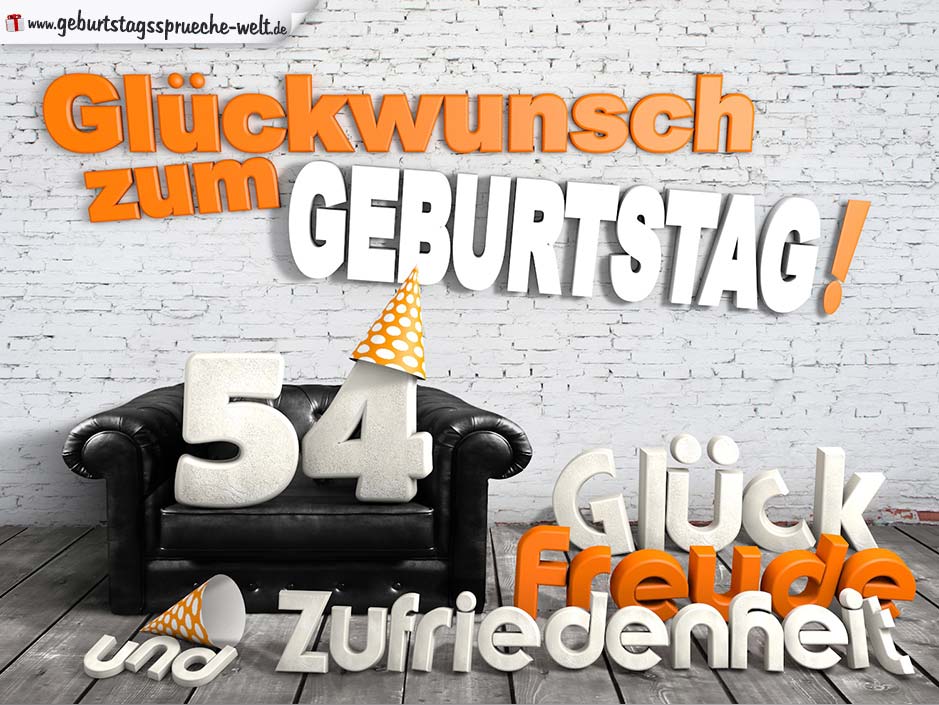 Glückwünsche zum 54. Geburtstag mit 3DBuchstaben und Sofamotiv