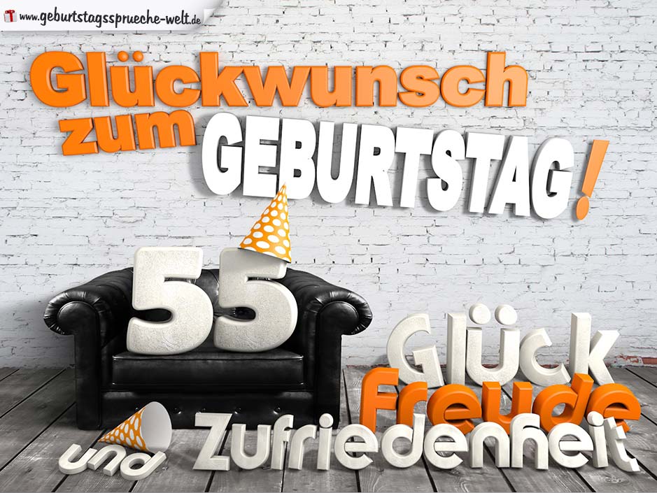 Glückwünsche zum 55. Geburtstag mit 3DBuchstaben und Sofamotiv GeburtstagssprücheWelt