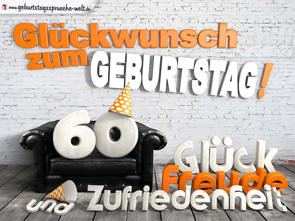 Glückwünsche zum 60. Geburtstag mit 3DBuchstaben und Sofamotiv