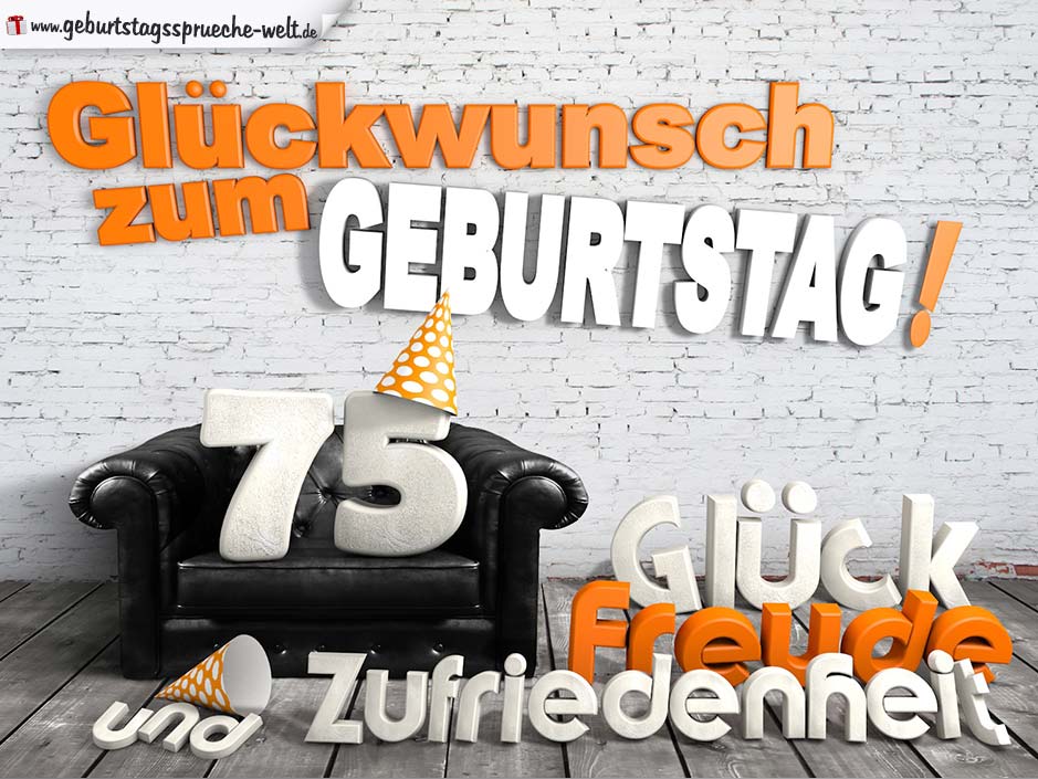 Glückwünsche zum 75. Geburtstag mit 3DBuchstaben und Sofamotiv