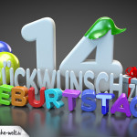 Edle Geburtstagskarte mit bunten 3D-Buchstaben zum 14. Geburtstag