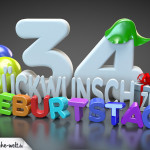 Edle Geburtstagskarte mit bunten 3D-Buchstaben zum 34. Geburtstag