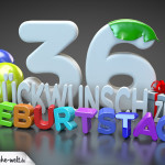 Edle Geburtstagskarte mit bunten 3D-Buchstaben zum 36. Geburtstag