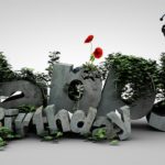 Happy Birthday 3D in Stein geschrieben mit Biene und Mohnblume