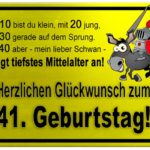 Gelbes Schild mit Esel und Ritter zum 41. Geburtstag