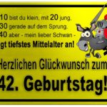 Gelbes Schild mit Esel und Ritter zum 42. Geburtstag