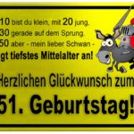 Gelbes Schild mit Esel und Ritter zum 51. Geburtstag