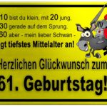 Gelbes Schild mit Esel und Ritter zum 61. Geburtstag