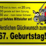 Gelbes Schild mit Esel und Ritter zum 67. Geburtstag