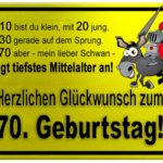 Gelbes Schild mit Esel und Ritter zum 70. Geburtstag