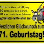 Gelbes Schild mit Esel und Ritter zum 71. Geburtstag